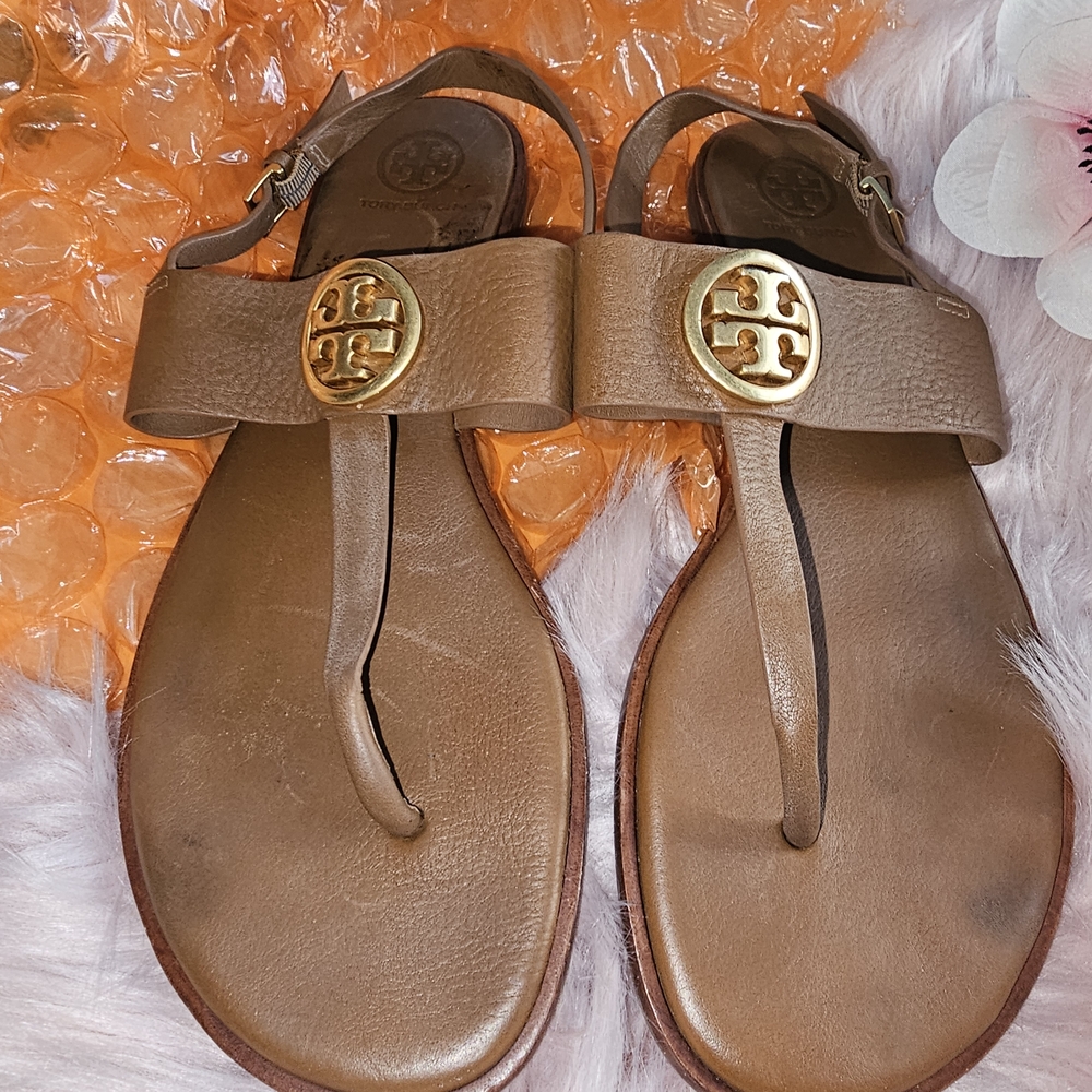 Tory Burch Brown Sandals with Gold Logo